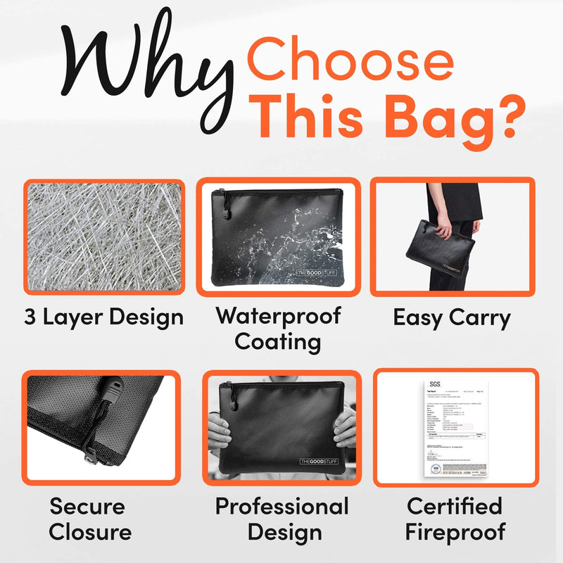 [Australia - AusPower] - Fireproof Document Bag Pouch Size: 10" x 13" [2000°F – Grey] Fireproof Bag for Documents and Money with Waterproof Coating to Protect Important Document Holder, Fireproof Bags for Cash Fire Proof Black 