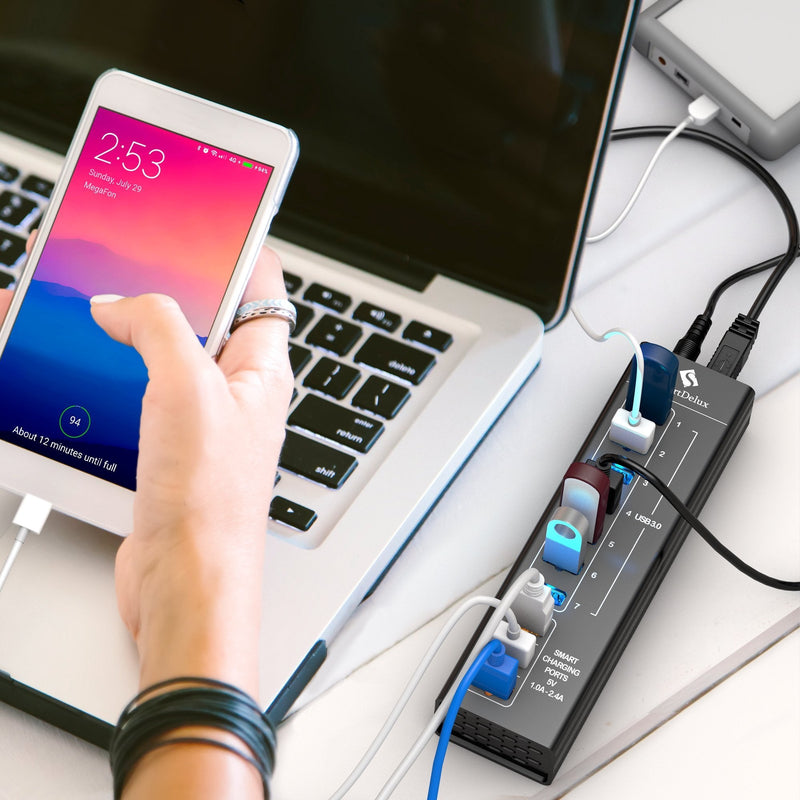 [Australia - AusPower] - SmartDelux Powered USB Hub - 10-Port USB 3.0 Hub with 7 USB 3.0 Ports, 3 Smart Charging Ports, Power Adapter, Long Cord, LEDs - Black Aluminum 10-port USB Hub 