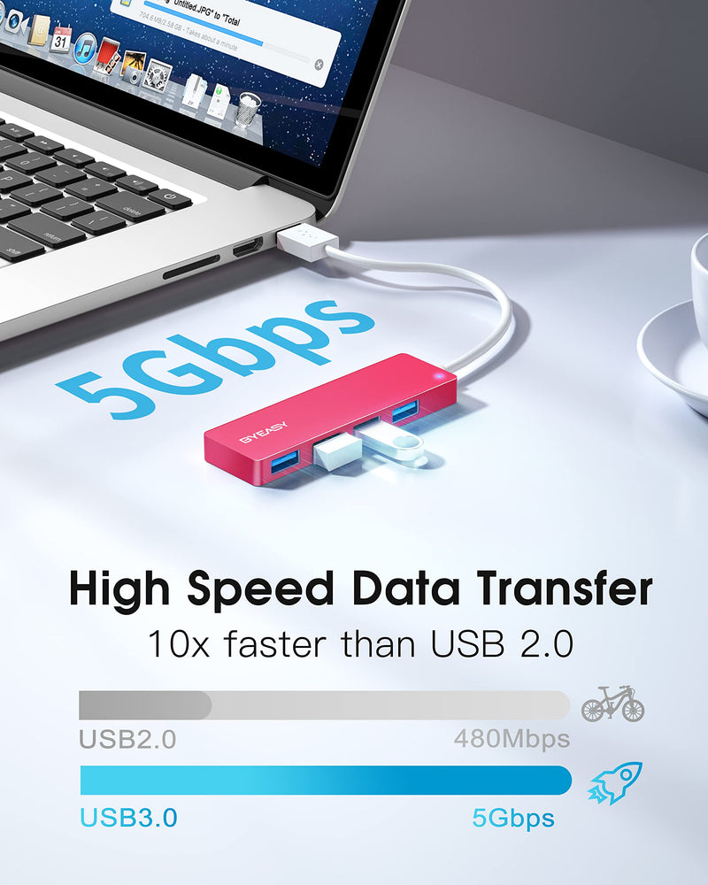 [Australia - AusPower] - USB Hub, BYEASY 4 Port USB 3.0 Hub, Ultra Slim Portable Data Hub Applicable for iMac Pro, MacBook Air, Mac Mini/Pro, Surface Pro, Notebook PC, Laptop, USB Flash Drives, Tesla Model 3 and Mobile HDD 0.8ft Red 