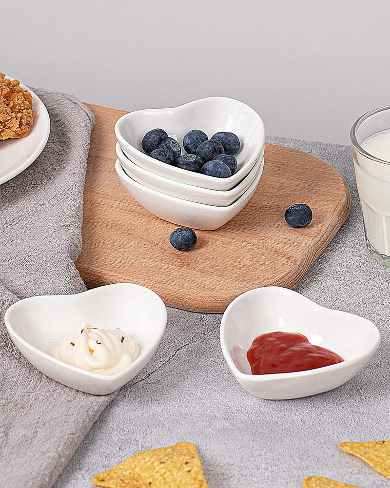 [Australia - AusPower] - Delling Mini Soy Sauce Dish, Heart Shaped Porcelain Small Dipping Bowls Set, Dipping Sauce Dish for Seasonings, Sushi, Appetizers and Best Choice for Mother's Day Gifts-2 Oz, White, Set of 6 