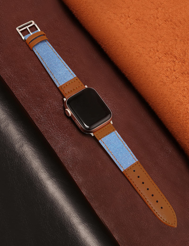 [Australia - AusPower] - Apawband Top-grain Leather Replacement Strap Compatible With Apple Watch 38mm 40mm 42mm 44mm Sport Denim Smartwatch Band for Men Women iwatch SE Series 6/5/4/3/2/1 Light denim and brown 42mm/44mm 