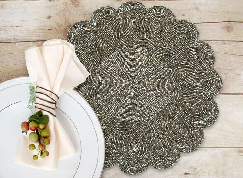 [Australia - AusPower] - Light & Pro Beaded Placemat Set of 2 - Scalloped Round Hand Beaded Charger Placemat - Gun Metal - 13 Inch Round - Hand Made by Skilled artisans - A Beautiful complement to Your Dinner Table décor 13 Inch Placemat - 2 Pack 