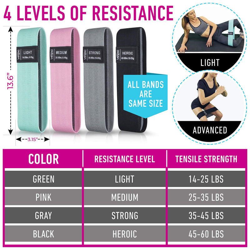 [Australia - AusPower] - Vergali Fabric Booty Bands for Women Butt and Legs. Set of 4 Non Slip Cloth Resistance Working Out Band for Glute, Thigh, Squat with Workout Resistant Fitness Training Guide to Exercise at Home or Gym 