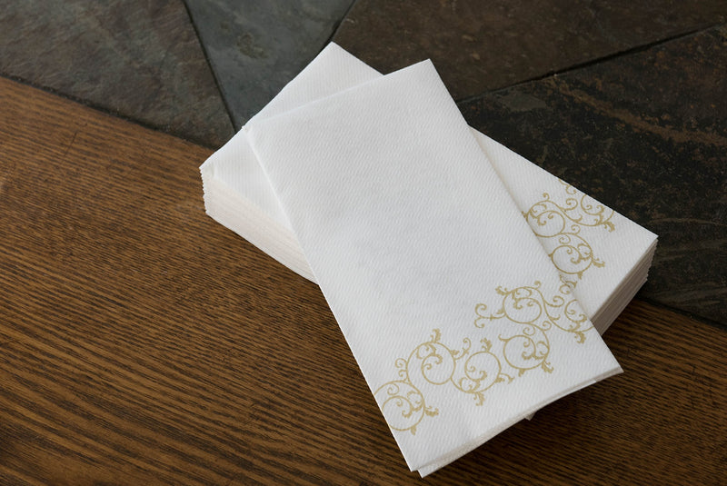 [Australia - AusPower] - SimuLinen Disposable Guest Bathroom Hand Towels - Gold Floral Design - Linen-Feel Disposable Paper Towels, Cloth-Like Texture, Single-Use - Perfect Size: 12x17” Unfolded & 8.5x4” Folded - Box of 100 