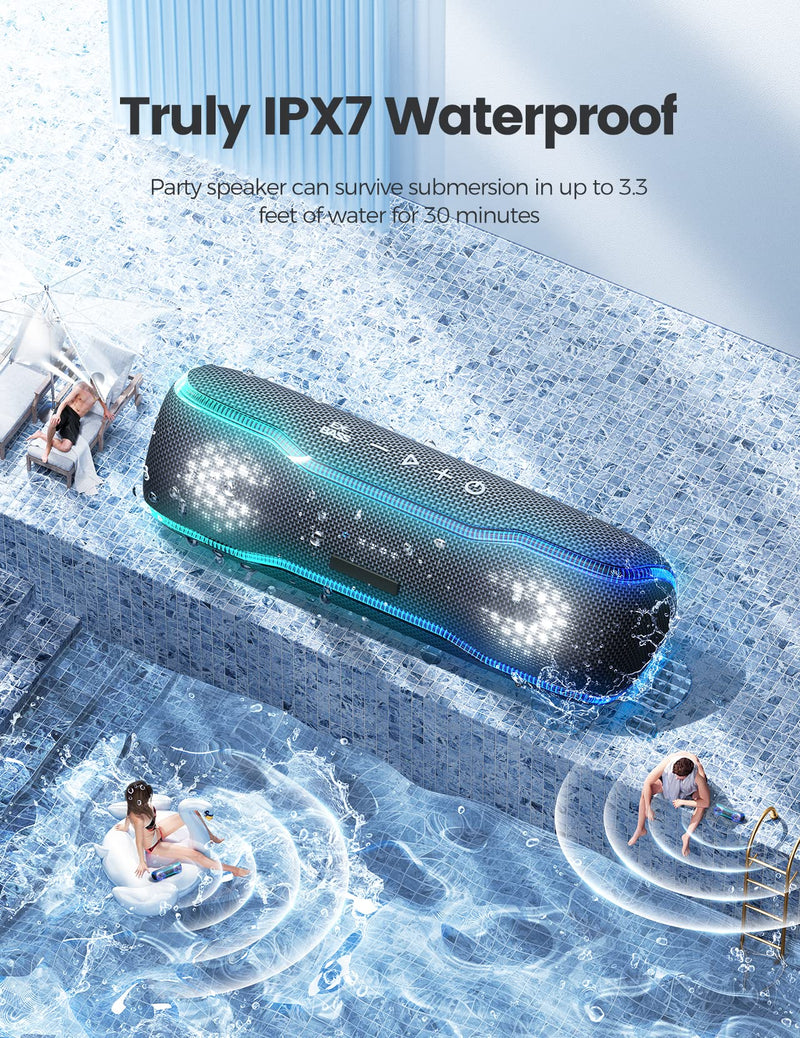 [Australia - AusPower] - Portable Bluetooth Speaker, IPX7 Waterproof Wireless Speaker with Colorful Flashing Lights, 25W Super Bass with 24H Playtime, 100ft Bluetooth Range, TWS Pairing for Outdoor, Home, Party, Beach, Travel 