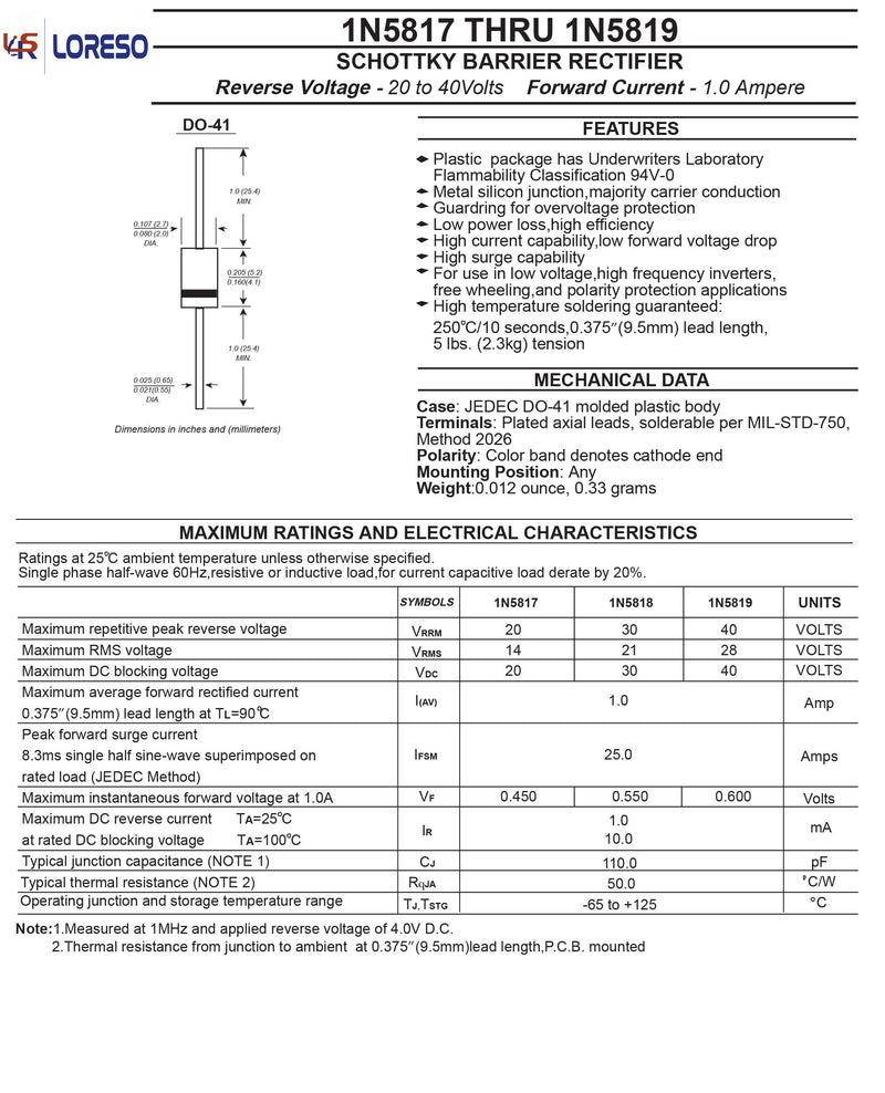 [Australia - AusPower] - LORESO 1N5819 Diode, Pack of 100 - Schottky Barrier Rectifier Diodes Axial 5819 1N5819 40V 1.0A DO-41 1.0 Amp 40 Volt 