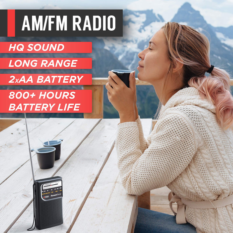 [Australia - AusPower] - PowerBear Portable Radio | AM/FM, 2AA Battery Operated with Long Range Reception for Indoor, Outdoor & Emergency Use | Radio with Speaker & Headphone Jack (Black) Black 