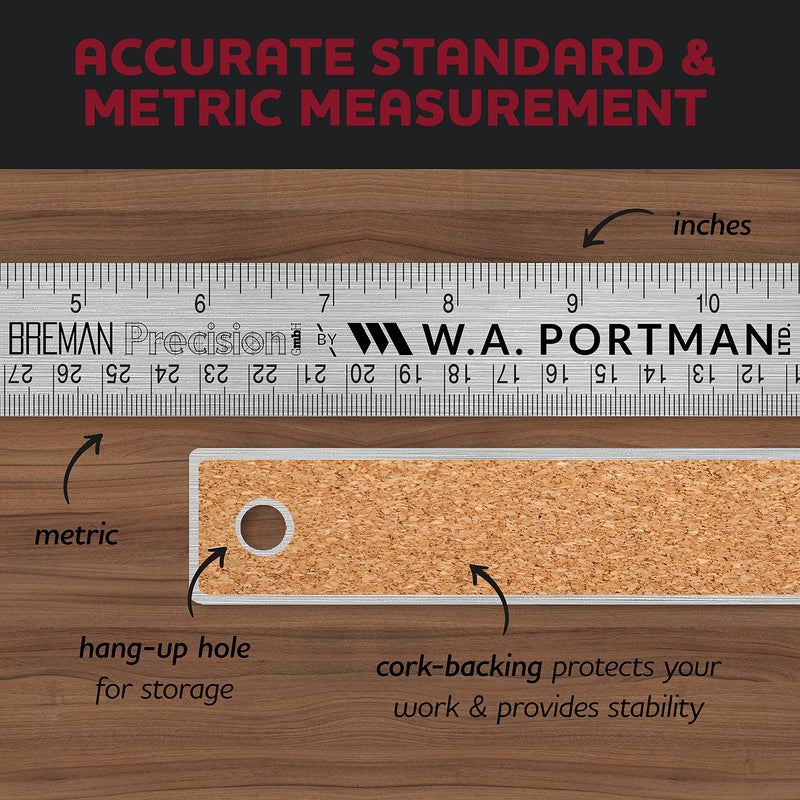 [Australia - AusPower] - Breman Precison Metal Ruler 15 Inch - Stainless Steel Cork Back Metal Ruler Set of 2 - Premium Steel Straight Edge 15 inch Metal Ruler - Flexible Stainless Steel Ruler - Inch and Metric Ruler 