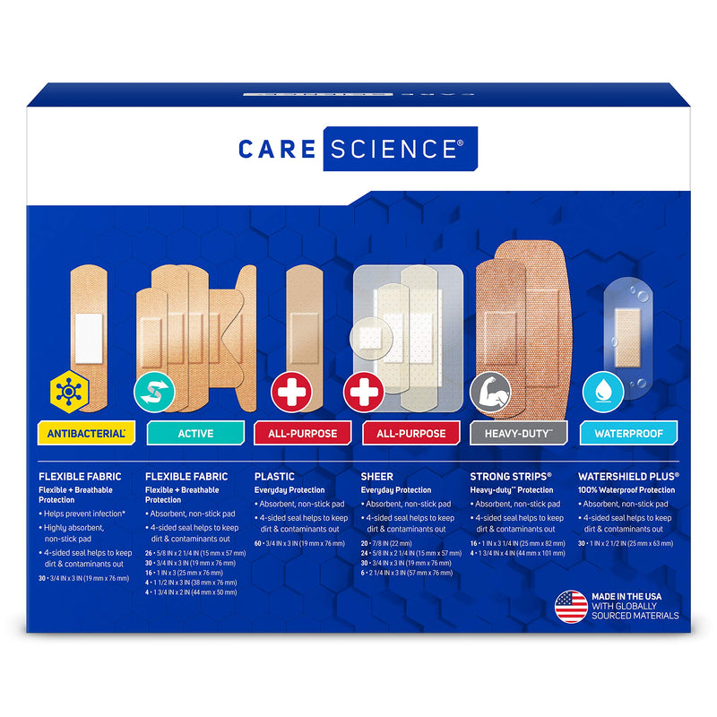 [Australia - AusPower] - Care Science Variety Bandages Pack, 300 ct Bulk Assorted Sizes | Includes Active, All-Purpose, Waterproof, and Heavy-Duty Bandages. Breathable Protection Helps Prevent Infection for First Aid 