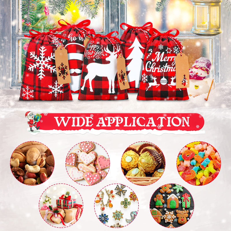 [Australia - AusPower] - 15 Pieces Christmas Plaid Bags with Drawstring Cloth Fabric Gift Bags Xmas Treat Candy Bag Sacks with 15 Tag Labels and 9.84 Feet Rope for Birthday Christmas Party Favor, 5 Styles 