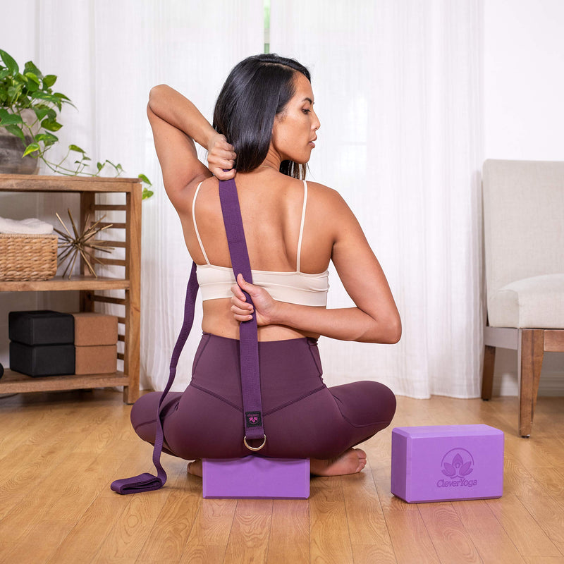 [Australia - AusPower] - Clever Yoga Blocks and Strap Set 2 Pack Yoga Blocks Light Weight High Density Foam 9x6x4 Inches and 8FT Thick Cotton Yoga Strap for Beginners and All Yogis Supports All Poses, Flexibility and Posture Black 