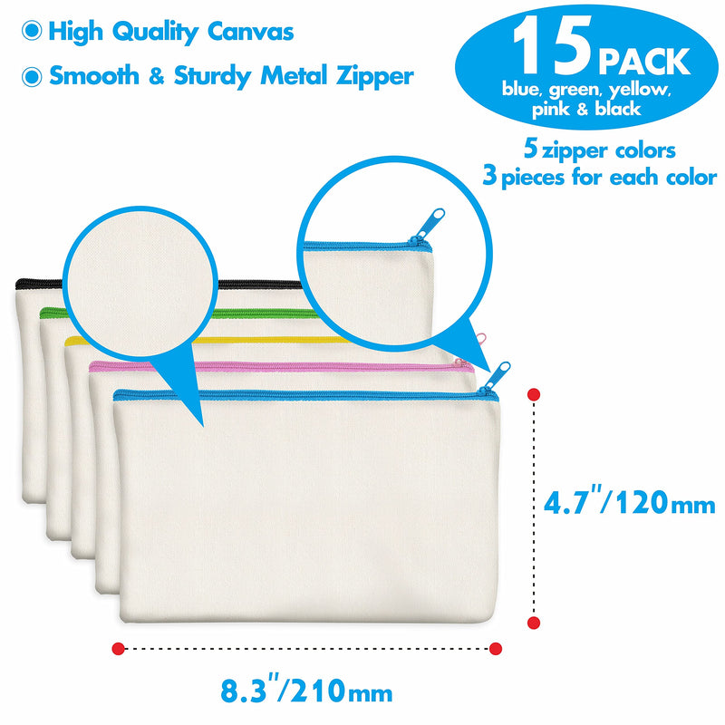 [Australia - AusPower] - 15 Pieces Canvas Colorful Zipper Bags, DIY Craft Bags Travel Canvas Makeup Pouches for Cosmetic Toiletry Stationery Storage (Beige, 8.3” x 4.7”) Beige (color zipper) 
