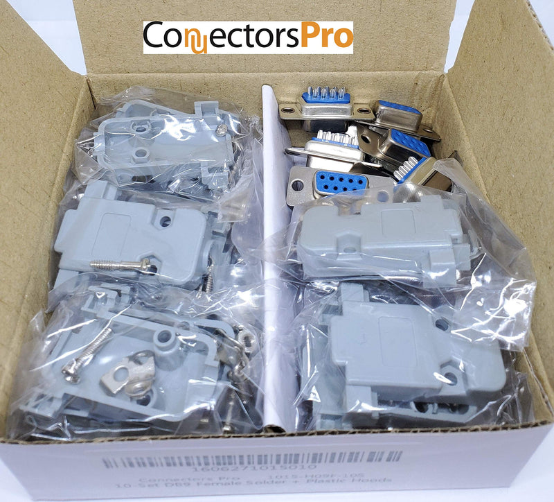 [Australia - AusPower] - Connectors Pro Pc Accessories 10 Sets Solder Cup DB9 Female + Plastic Hoods, 9 Pins D-Sub Connector & Hood Set, 20-Pack (10 DB9 Females + 10 Hoods) 