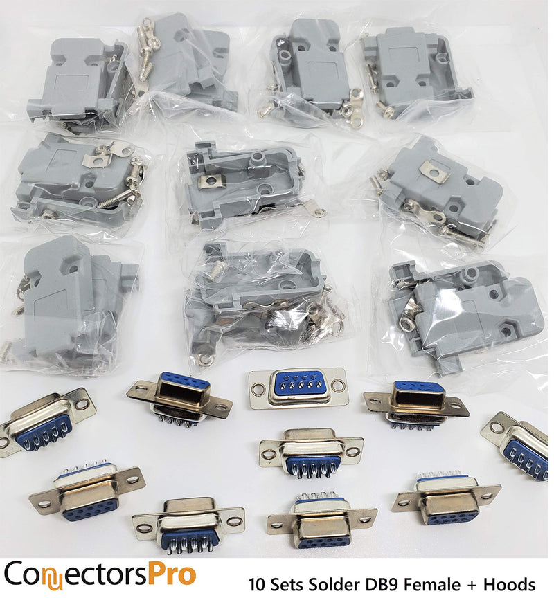 [Australia - AusPower] - Connectors Pro Pc Accessories 10 Sets Solder Cup DB9 Female + Plastic Hoods, 9 Pins D-Sub Connector & Hood Set, 20-Pack (10 DB9 Females + 10 Hoods) 