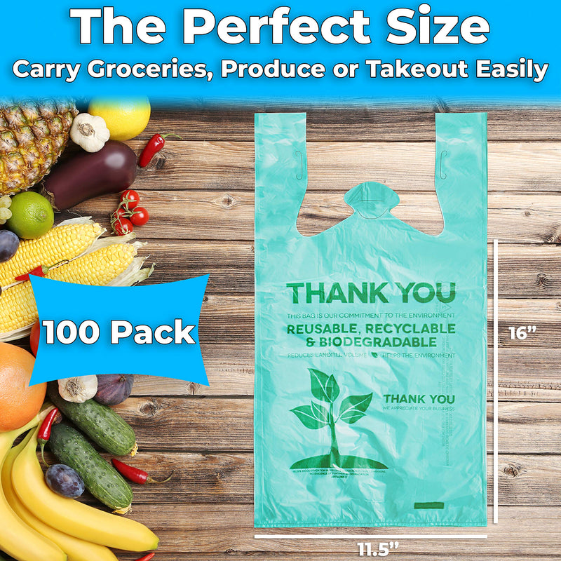 [Australia - AusPower] - Biodegradable, BPA-Free Plastic Grocery Bags 100 Pk. Clear, 22" Thank You Tote Perfect for Business. Best Bulk, Heavy Duty T Shirt Bag for Shopping. Great Thick, Green Takeout Bags for Restaurants 100 Pack 