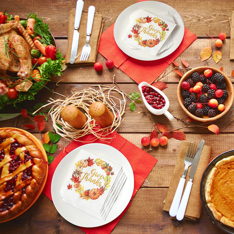 [Australia - AusPower] - Give Thanks Napkin White Thanksgiving Napkins Paper Thanksgiving Dinner Napkins Disposable Fall Luncheon Napkins Leaf Pumpkin Garland Autumn Napkins Paper for Dinner Thanksgiving Party (100) 100 