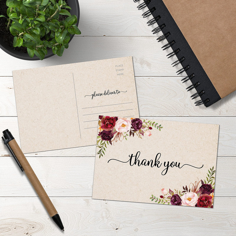 [Australia - AusPower] - 321Done Rose Floral Thank You Postcards - 3.5" x 5" (50 Cards) - Rustic Kraft Thank You Post Cards with Red Pink Flowers for Bridal or Baby Shower, Wedding Party, Thick Cardstock - Made in the USA Medium (3.5" x 5") 