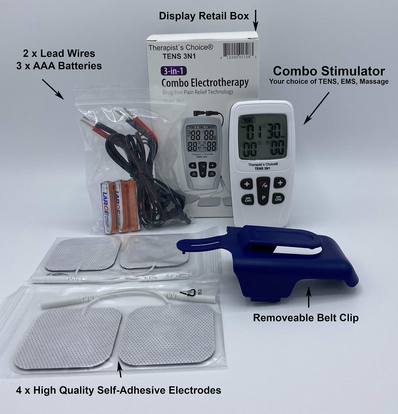 [Australia - AusPower] - Therapist’s Choice® TENS3N1 Dual Channel, Digital Combo with TENS, EMS and Massage with Accessories, White 