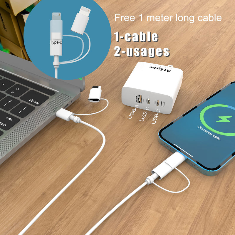[Australia - AusPower] - Allphv USB C Charger 65W GaN Charger 3 Ports Foldable USB C Wall Charger, Fast Charger Block for iPhone 13/12 Pro Max/11, iPad Pro 2021, DJI Mavic 3,Samsung, MacBook Pro/Air, Laptops, (3.2ft/1meter) 