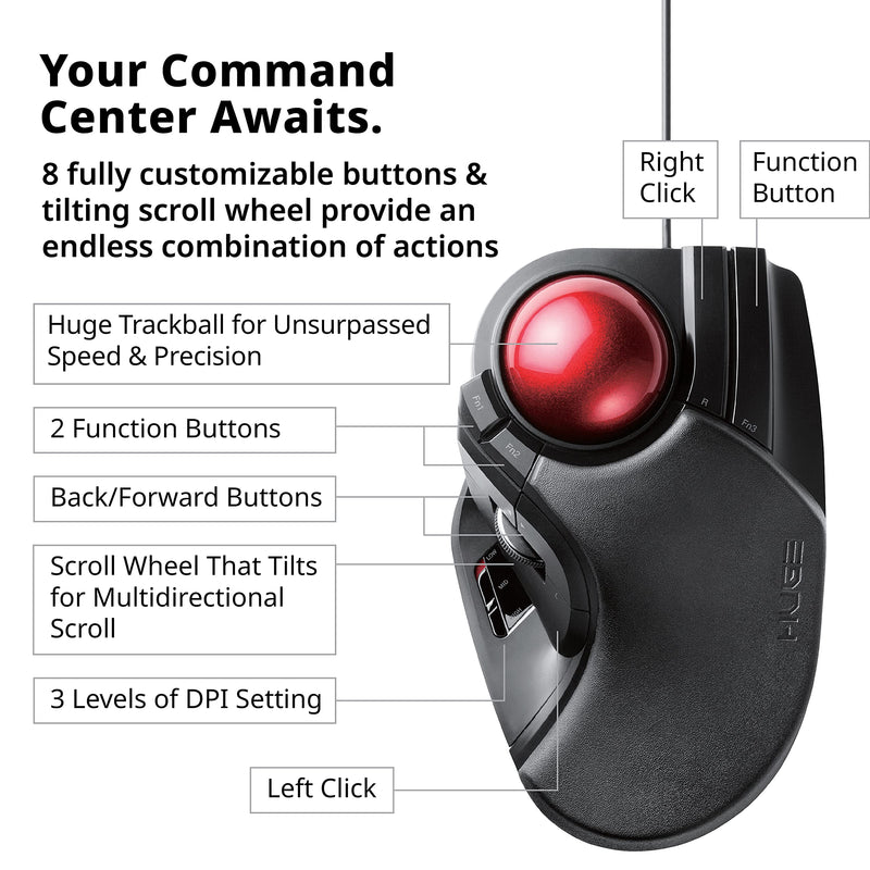 [Australia - AusPower] - ELECOM HUGE Trackball Mouse, Wired, Finger-Operated, 8-Button Function, Precision Optical Gaming Sensor, Palm Rest Attached, Windows11, macOS (M-HT1URBK) Wired Trackball Mouse 