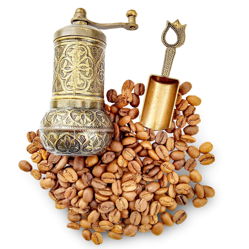 [Australia - AusPower] - BestChoice Pepper Salt Coffee Grinder - 3 in One - Turkish Coffee Mill - with Spice Shovel Spoon - Salt Shaker - Zinc Alloy Casting Best Carving Metal - Adjustable Coarseness - Bronze Color Design 