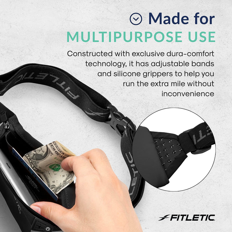 [Australia - AusPower] - Fitletic - Blitz Sports and Travel Belt, Multifunctional Reflective Belt with Earbud Port, Water-resistant, Adjustable, and Versatile Running Waist Belt, Fitletic Running Accessories, Black 