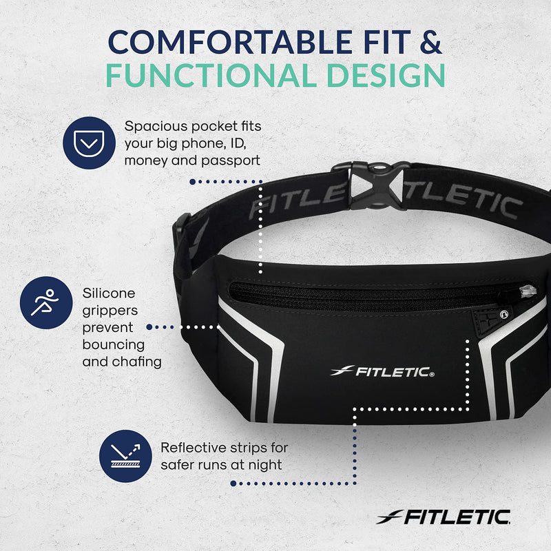 [Australia - AusPower] - Fitletic - Blitz Sports and Travel Belt, Multifunctional Reflective Belt with Earbud Port, Water-resistant, Adjustable, and Versatile Running Waist Belt, Fitletic Running Accessories, Black 
