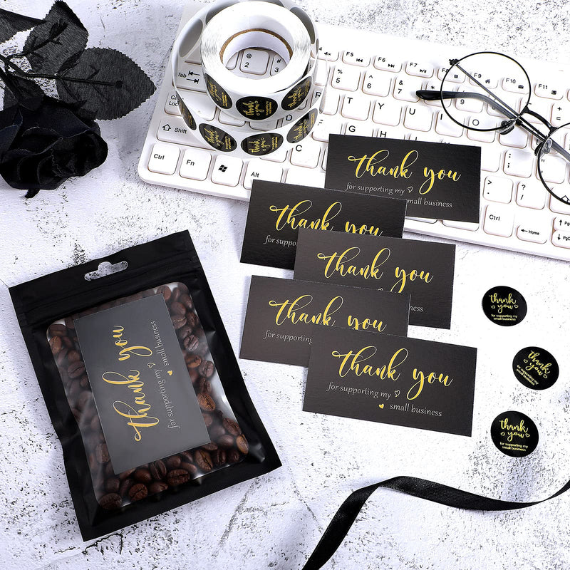 [Australia - AusPower] - 620 Pieces Thank You Cards and Stickers Set Thank You Gold Foil Stickers Thank You for Supporting My Small Business Stickers with Resealable Packaging Bag, Suitable for Business Owners (Black) Black 