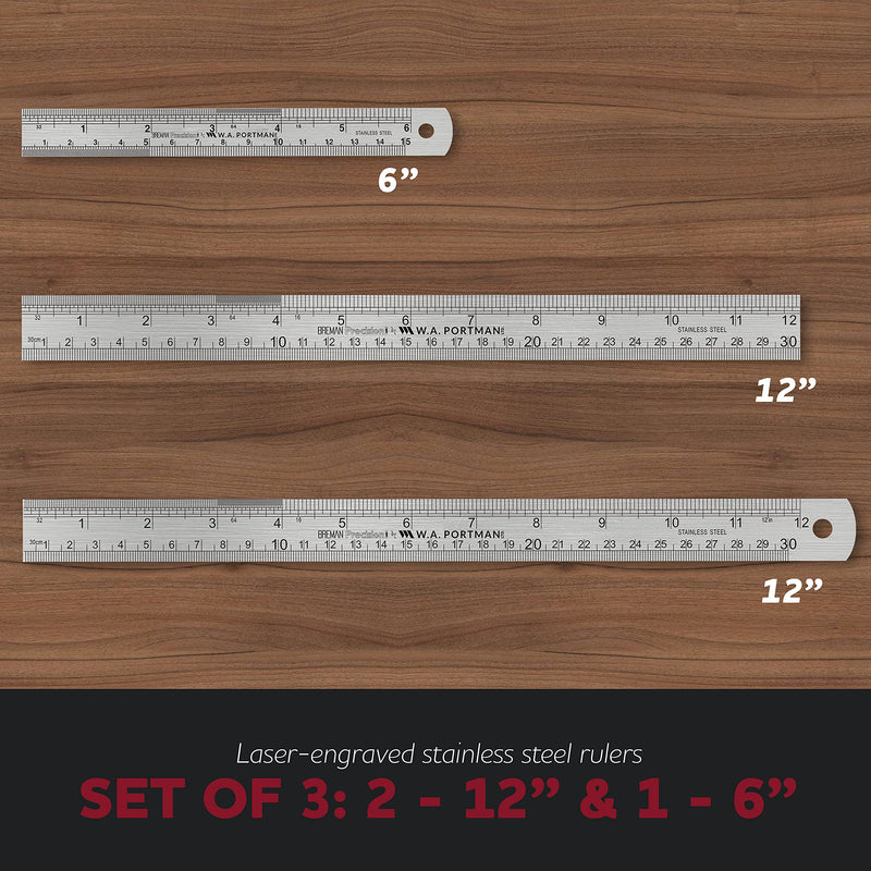 [Australia - AusPower] - Breman Precision 3 Pack Metal Ruler Set - 1 6 Inch Ruler & 2 12 Inch Stainless Steel Rulers - Steel Straight Edge Ruler Set - Metal Ruler 12 Inch & 6 Inch - Inches & Metric Ruler - Metal Rulers 