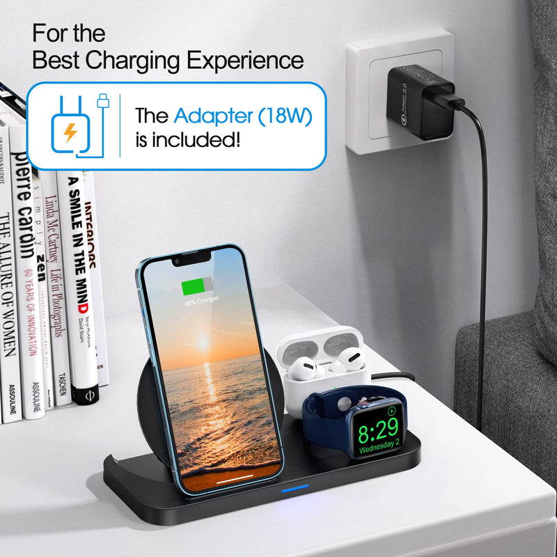 [Australia - AusPower] - [2022 New] 3 in 1 Charging Station for Multiple Devices Apple, Foldable Charger Stand for Apple Watch 7/6/SE/5/4/3/2/1, Charging Dock for iPhone AirPods Pro 3/2/1 (with 18W Fast Charger) Black 