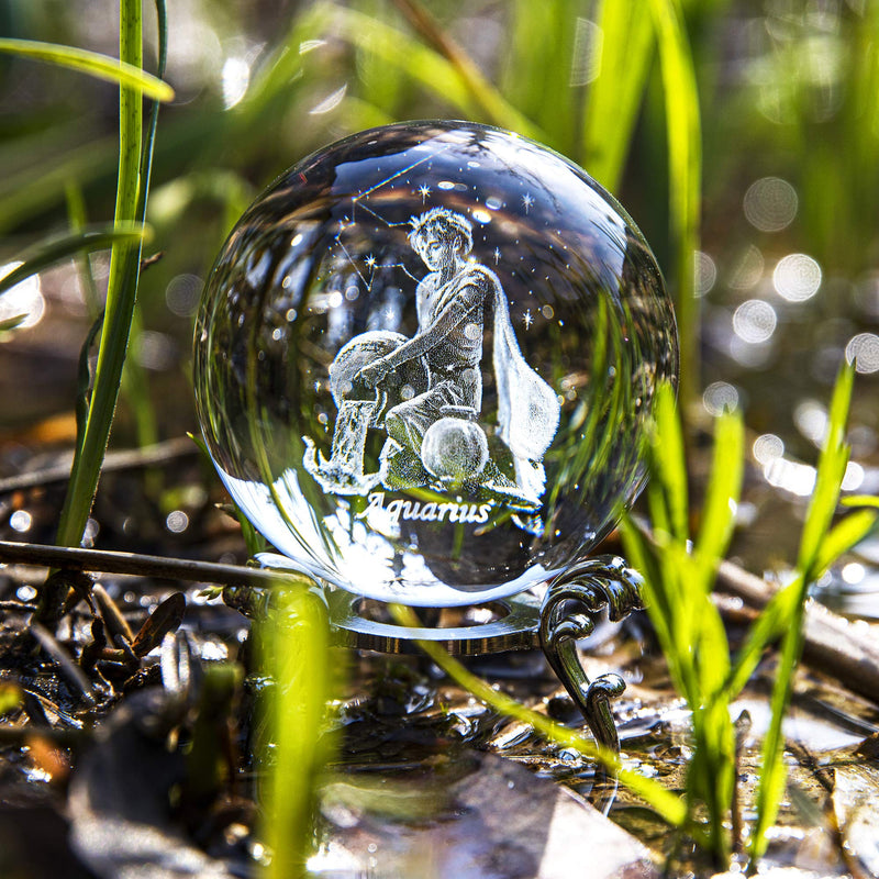 [Australia - AusPower] - 3D Laser Constellation Crystal Ball 60mm Crystal Paperweight Full Sphere Glass Fengshui With Sliver-Plated Flowering Stand(Aquarius) Aquarius 