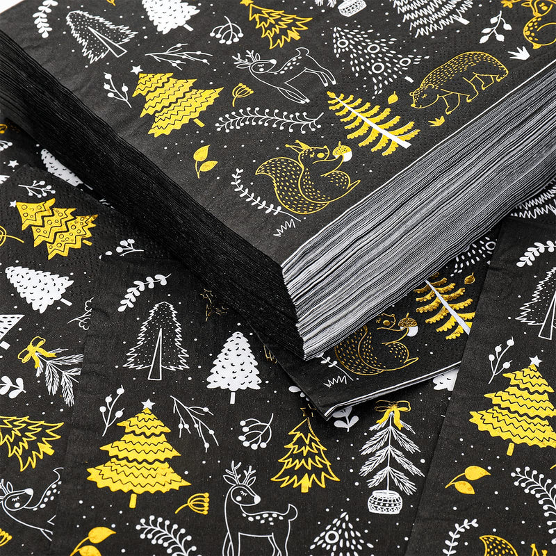 [Australia - AusPower] - Whaline 80 Pack Christmas Paper Napkins 6.5 x 6.5" Xmas Tree Cocktail Napkins Disposable Black White Gold Party Beverage Napkins for Christmas New Year Winter Holiday Dinner Party Supplies 
