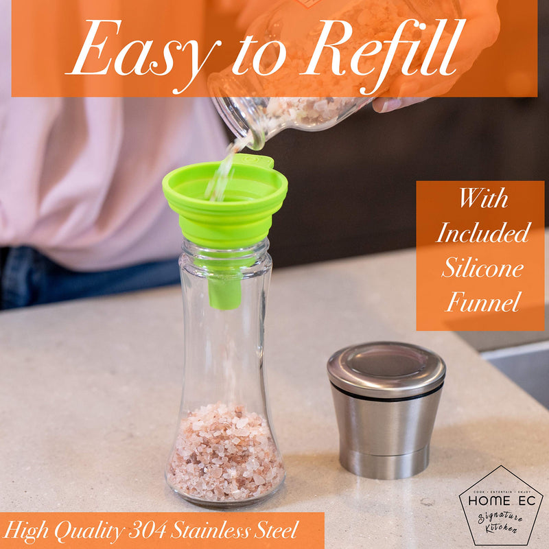 [Australia - AusPower] - HOME EC Premium Stainless Steel Salt and Pepper Grinder Set of 2 - Adjustable Ceramic Sea Salt Grinder & Pepper Grinder - Tall Glass Salt and Pepper Shakers - Pepper Mill & Salt Mill W/Funnel & Ebook 