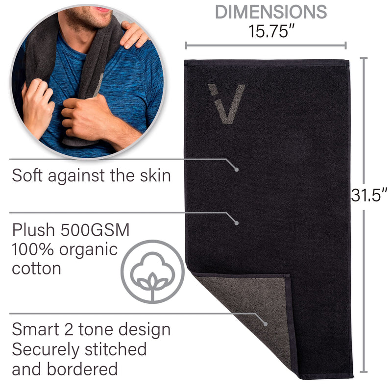 [Australia - AusPower] - Luxury Gym Towel for Sweat - 100% Organic Cotton - (15.75 X 31.5 inch) Soft and Absorbent Workout Towel - Silver Infused Sports Towel - Exercise and Gym Towel for Men and Women (Black) 