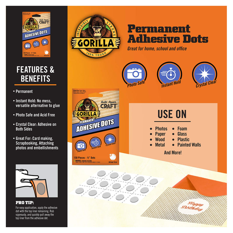 [Australia - AusPower] - Gorilla Permanent Adhesive Dots, Double-Sided, 150 Pieces, 0.5" Diameter, Clear, (Pack of 1) 1 Pack 