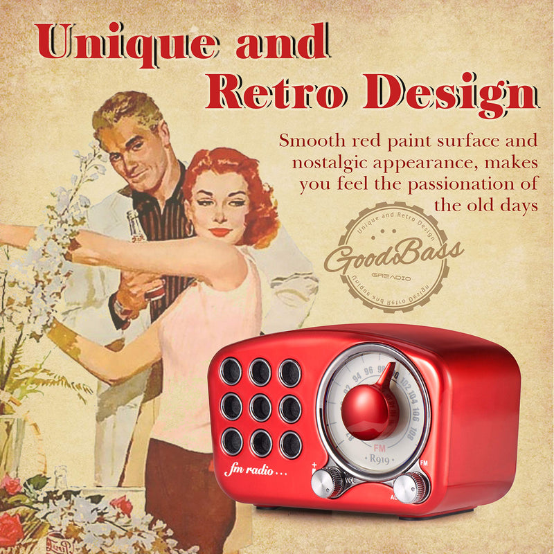 [Australia - AusPower] - Retro Bluetooth Speaker, Vintage Radio-Greadio FM Radio with Old Fashioned Classic Style, Strong Bass Enhancement, Loud Volume, Bluetooth 4.2 Wireless Connection, TF Card and MP3 Player (RED) Red 