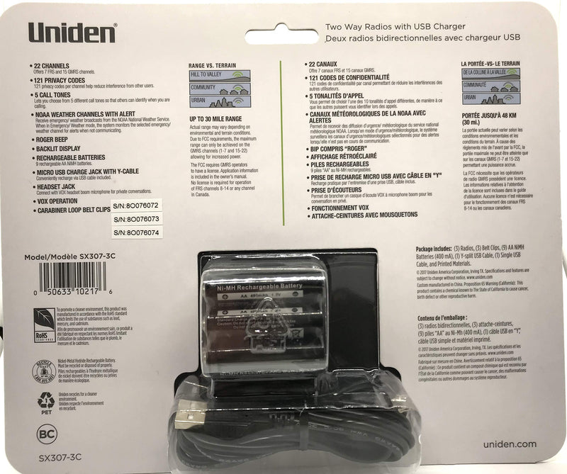 [Australia - AusPower] - Uniden SX307-3C FRS 3-Pack, Up to 30-Mile Range, Walkie Talkies, 22-Channel FRS 2-Way Radios - Black 