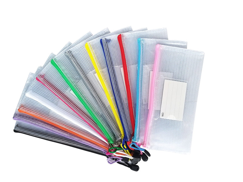 [Australia - AusPower] - AUSTARK 12Pcs Zippered File Bags, Plastic Mesh Zipper Pouch with Label Pocket, Waterproof Documents Receipts Pencil Storage Bags for Office School Home Travel (Receipt Size 9.2x4.1in) Receipt Size 9.2x4.1in 