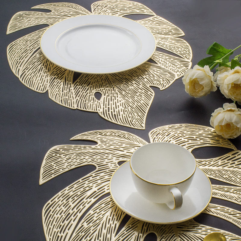 [Australia - AusPower] - Mabbcoo Placemats Set of 6, Hollowed-Out Leaf Place Mats for Dining Table Pressed Vinyl Table Mats for Holiday Party Wedding Accent Centerpiece Dinner Table Decoration (Garden Gold) 6Pcs Leaf 