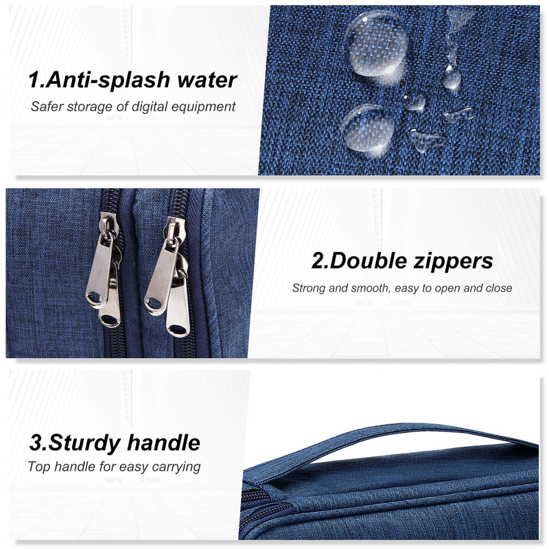 [Australia - AusPower] - Electronic Bag Travel Cable Accessories Bag Waterproof Double Layer Electronics Organizer Portable Storage Case for Cable, Cord, Charger, Phone, Adapter, Power Bank, Kindle, Hard Drives Navy Blue 