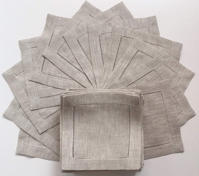 [Australia - AusPower] - Ladder Hem Stitch Natural Linen Cocktail Napkins- 1 Dozen 6"x6"- Linen Cloth Napkin Coasters-Set of 12 