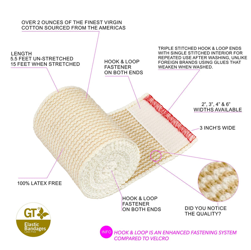 [Australia - AusPower] - Premium Elastic Bandage Wrap Made of USA Grown Organic Cotton - Set of Two 4 inch & Two 3 inch GT Wraps - Hook & Loop Fasteners at Both Ends - Hypoallergenic Compression Roll for Sprains & Injuries Beige Double Hook & Loop 