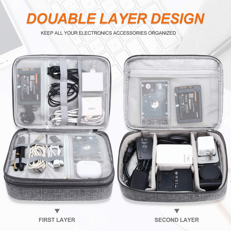 [Australia - AusPower] - Electronic Bag Travel Cable Accessories Bag Waterproof Double Layer Electronics Organizer Portable Storage Case for Cable, Cord, Charger, Phone, Adapter, Power Bank, Kindle, Hard Drives Grey 