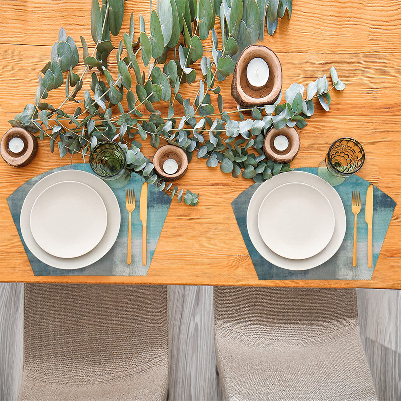 [Australia - AusPower] - Modern Teal Turquoise Placemats for Round Table Set of 4 Grey Abstract Wedge Table Mats with Centerpiece Heat Resistant Washable Place mats for Indoor Outdoor Kitchen Dinning Table Decoration (5 Pcs) 