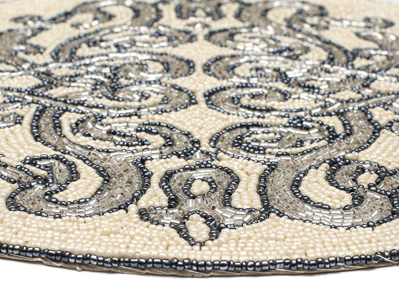 [Australia - AusPower] - Bedding Craft Round Beaded Placemats White Silver Dk Grey 13Inch Round,Placemats for Dining Table,Beaded Placemats, Beaded Charger Placemats,Holiday & Christmas Beaded Placemats,Beaded Glitz Charger 