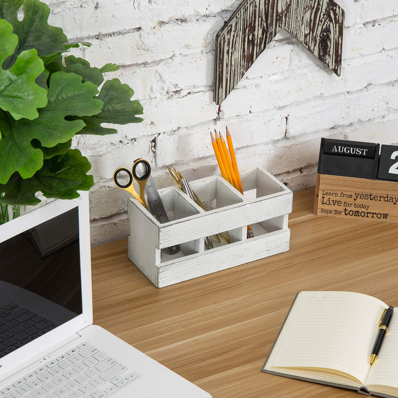 [Australia - AusPower] - MyGift Vintage White Wood Desktop Organizer 3-Compartment Office Supplies, Pen and Pencil Caddy 