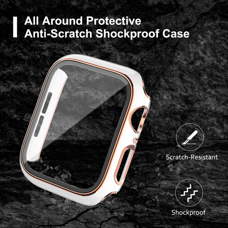 [Australia - AusPower] - 3 Pack Case with Tempered Glass Screen Protector Compatible with Apple Watch 44mm SE Series 6/5/ 4, Fvlerz Hard PC Cover All-Around Protective Bumper iWatch Accessories for Men Women White+Pink/ White+Rose Gold/ White+Sliver 