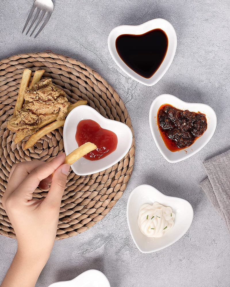 [Australia - AusPower] - Delling Mini Soy Sauce Dish, Heart Shaped Porcelain Small Dipping Bowls Set, Dipping Sauce Dish for Seasonings, Sushi, Appetizers and Best Choice for Mother's Day Gifts-2 Oz, White, Set of 6 