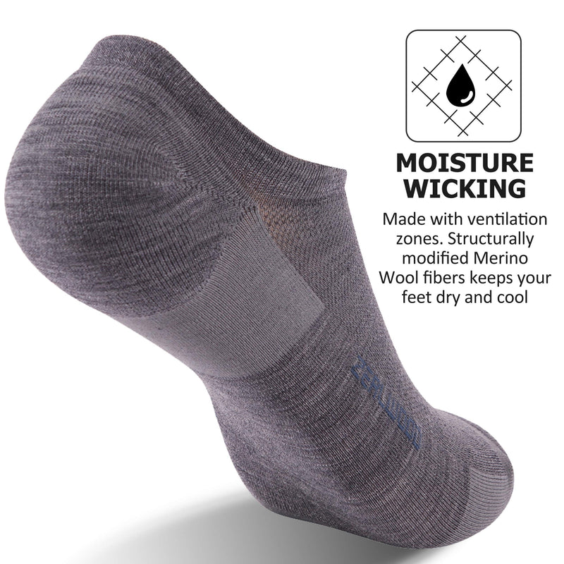 [Australia - AusPower] - Athletic Running Socks, ZEALWOOD Unisex Merino Wool Anti-blister Cushion Hiking Socks,1/3 Pairs 3xgrey-no Show Large 