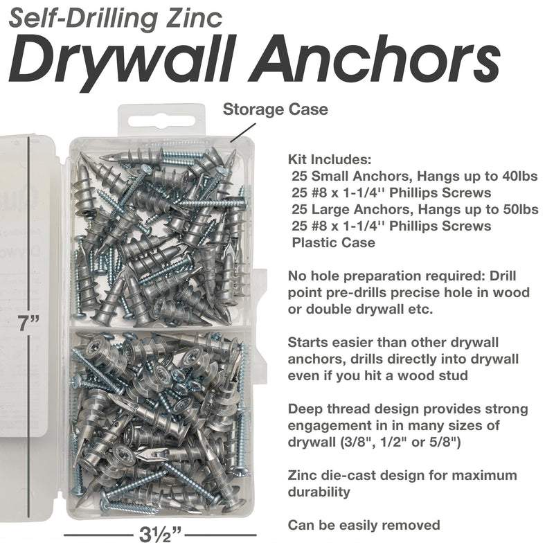 [Australia - AusPower] - Zinc Self Drilling Drywall Anchors and Screws Kit | Includes 25 Small Drywall Anchors, 25#6 1-1/4 Inch Screws, 25 Large Anchors, 25#8 X 1-¼” Screws & Reusable Case | Anchors are Made in The USA 